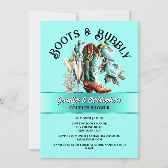 Cowgirl bos peony aqua teal blommigt bubblande gla inbjudningar (Framsida)
