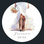 Cowgirl Bride Hat Boots Custom Name  Classic Runt Klistermärke<br><div class="desc">Watercolor cowgirl bride in wedding dress and boots,  bringing rustic charm to these personalized bachelorette party stickers. Featuring a custom script name and the words “Bride” beneath,  they add the perfect touch to favor bags,  mini champagne bottles,  or hangover kits for a country-style bachelorette party or western weekend.</div>