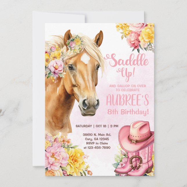 Cowgirl, brown horse, saddle up birthday invite. inbjudningar (Framsida)