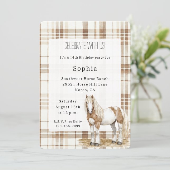 Cowgirl Brown Plaid Stripes Horse Birthday   Inbjudningar (Stående Fram)