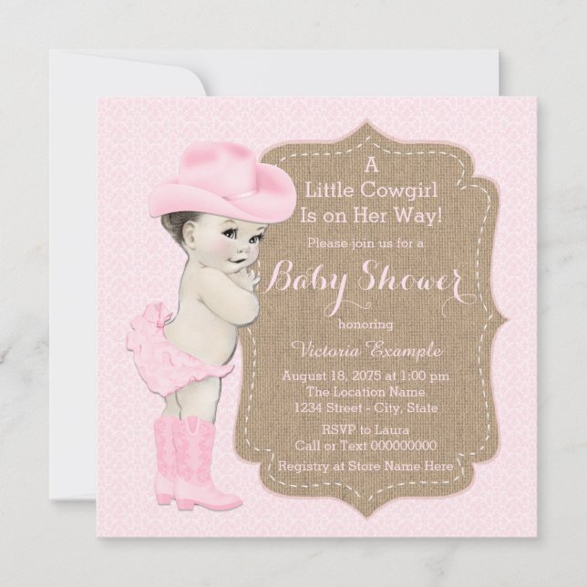 Cowgirl Burlap Baby Shower Inbjudningar (Framsida)