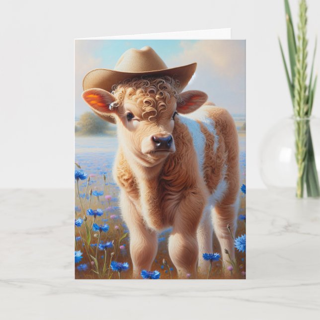 Cowgirl Calf på bete med kornblommor Kort (Framsida)