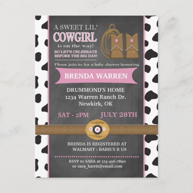 Cowgirl Chalkboard Baby Shower-vykort Inbjudan Vykort (Framsida)