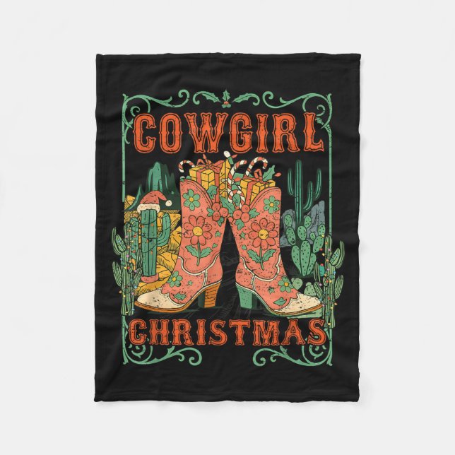 Cowgirl Christmas Boots Cactus Retro Western Holid Fleecefilt (Framsidan)