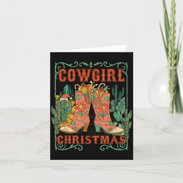 Cowgirl Christmas Boots Cactus Retro Western Holid Kort (Framsida)