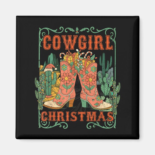 Cowgirl Christmas Boots Cactus Retro Western Holid Magnet (Framsidan)