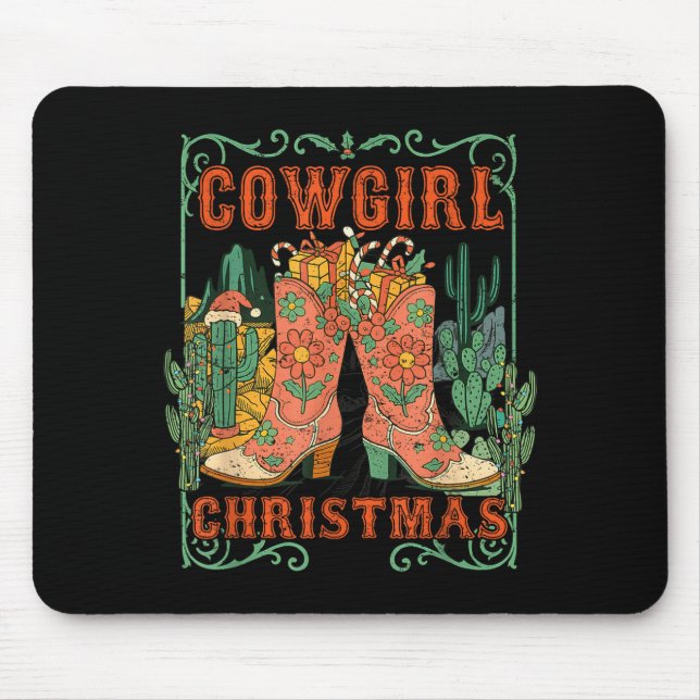 Cowgirl Christmas Boots Cactus Retro Western Holid Musmatta (Framsidan)