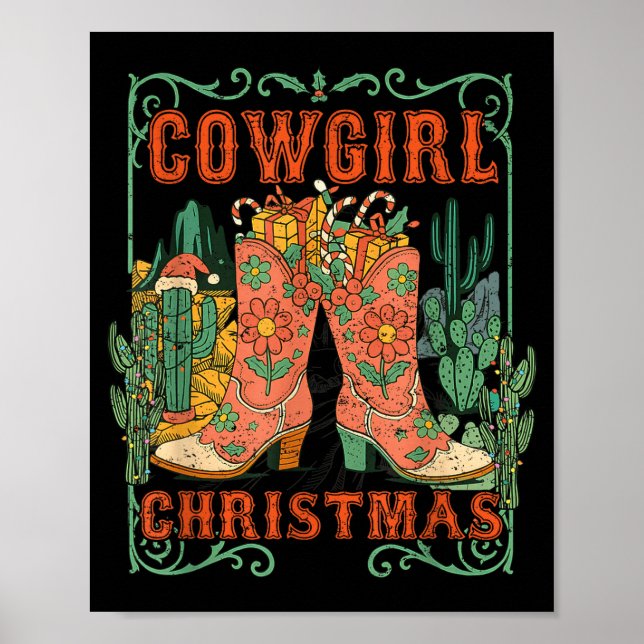 Cowgirl Christmas Boots Cactus Retro Western Holid Poster (Framsidan)