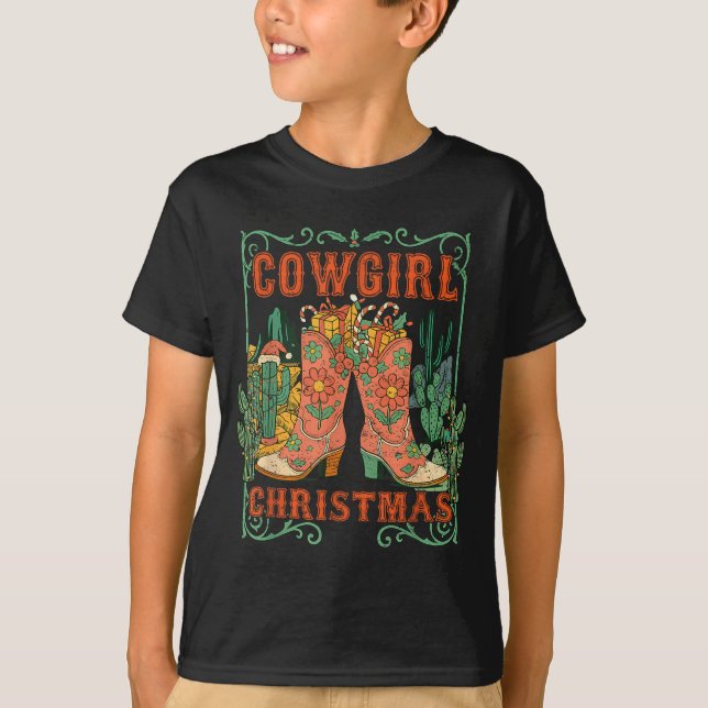 Cowgirl Christmas Boots Cactus Retro Western Holid T Shirt (Framsida)