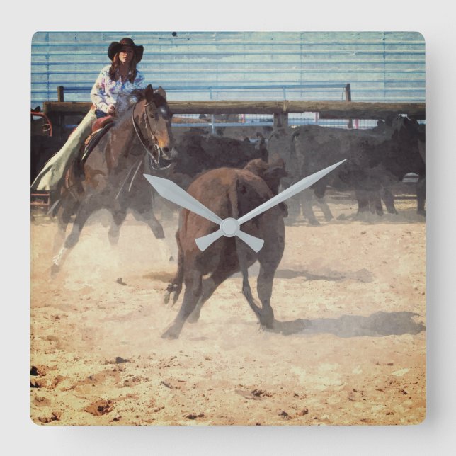 Cowgirl Corral Separation Cattle Western Fyrkantig Klocka (Framsida)