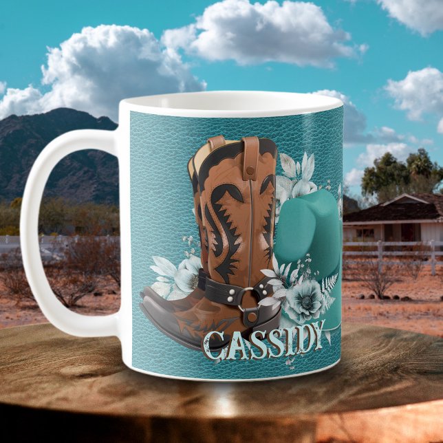 Cowgirl cowboystövlar som turkoser läder namn kaffemugg (Cowgirl cowboy boots hat turquoise leather name coffee mug)