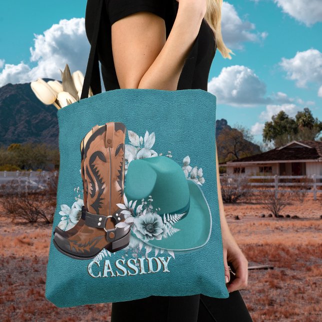 Cowgirl cowboystövlar som turkoser läder namn tygkasse (Cowgirl cowboy boots hat turquoise leather name tote bag)