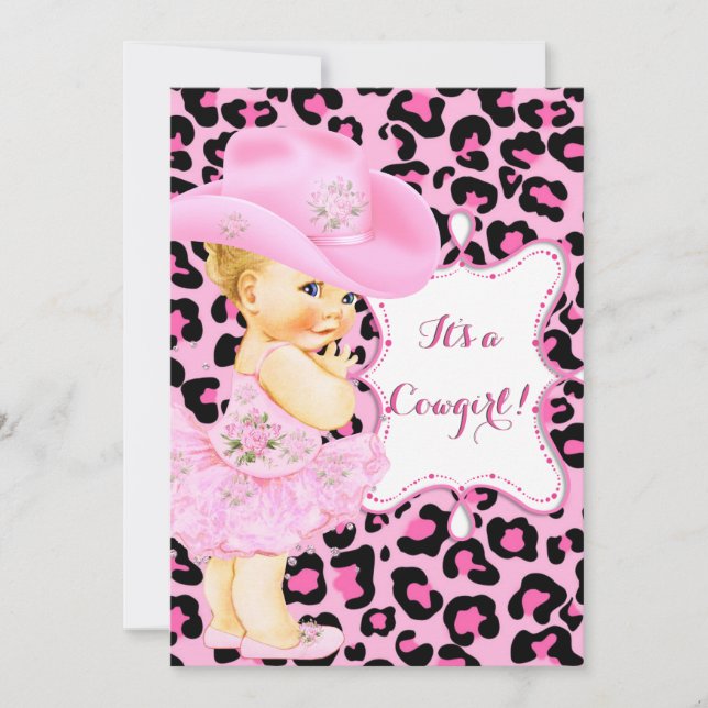 Cowgirl Cute Baby Shower Rosa Leopard Girl Blonde Inbjudningar (Framsida)