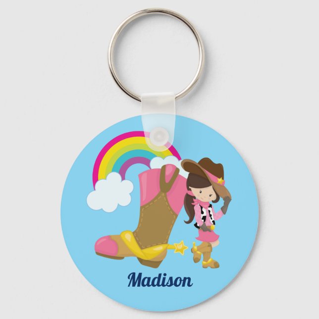 Cowgirl Cute Kids Rainbow Blue Monogram Girls Nyckelring (Framsida)
