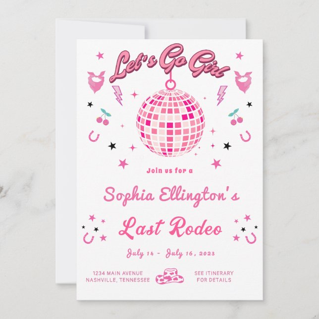 Cowgirl Disco Bachelorette Helg Itinerary Inbjudningar (Framsida)