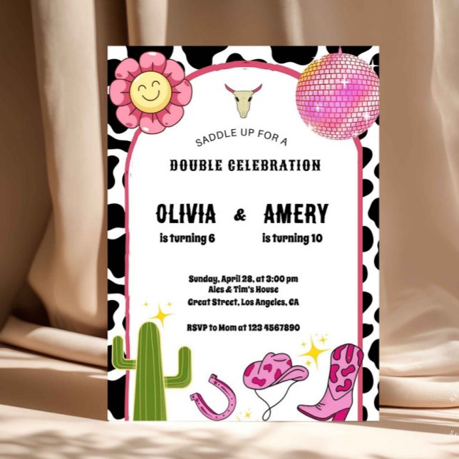 Cowgirl Disco Gemensam Födelsedagsinbjudan Inbjudningar (cowgirl disco invitation, western birthday invite, cow print party invite, double birthday invitatio)