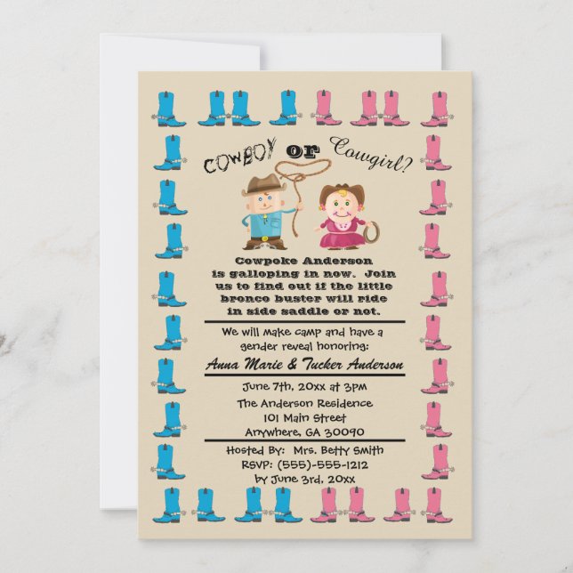 Cowgirl eller Cowboy Gender Reveal Party-inbjudan Inbjudningar (Framsida)