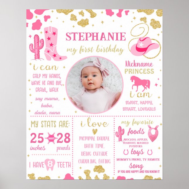 Cowgirl First Birthday Milestone-skylt (1074) Poster (Framsidan)