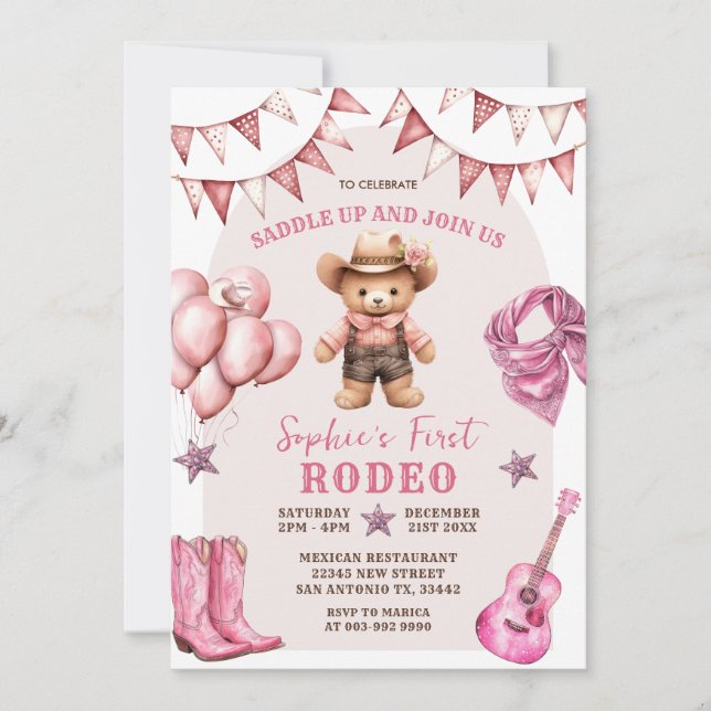 Cowgirl First Rodeo Balloons Birthday-inbjudan Inbjudningar (Framsida)