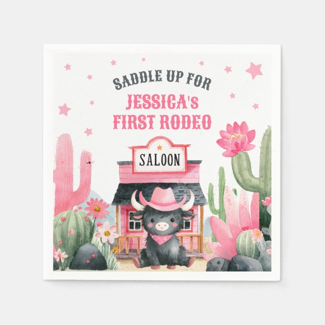 Cowgirl First Rodeo Highland Cow Födelsedagsfest Pappersservett (Framsidan)