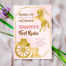 Cowgirl first rodeo rosa and guld födelsedag inbju inbjudningar