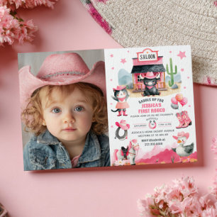 Cowgirl First Rodeo Rosa Western Photo Birthday Inbjudningar