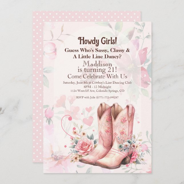 Cowgirl Födelsedags Line Dance Inbjudningar (Fram/baksida)
