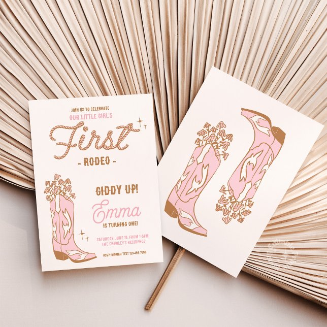 Cowgirl Första Rodeo Stövel Med Blommor Inbjudningar (cowgirl first rodeo invite, western first birthday theme, boho cowgirl birthday decor, rustic rodeo )