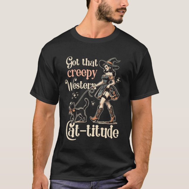 Cowgirl Halloween Witch Cat T Shirt (Framsida)