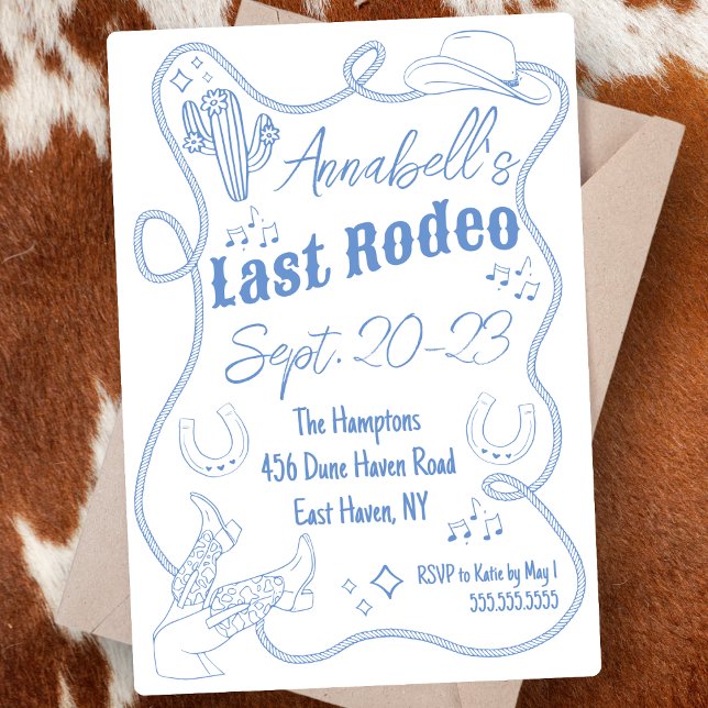 Cowgirl Hand plockade Bachelorette Party Helg Inbjudningar ("Last rodeo" cowgirl bachelorette party invitation hand drawn cute cowboy boots weekend itinerary )