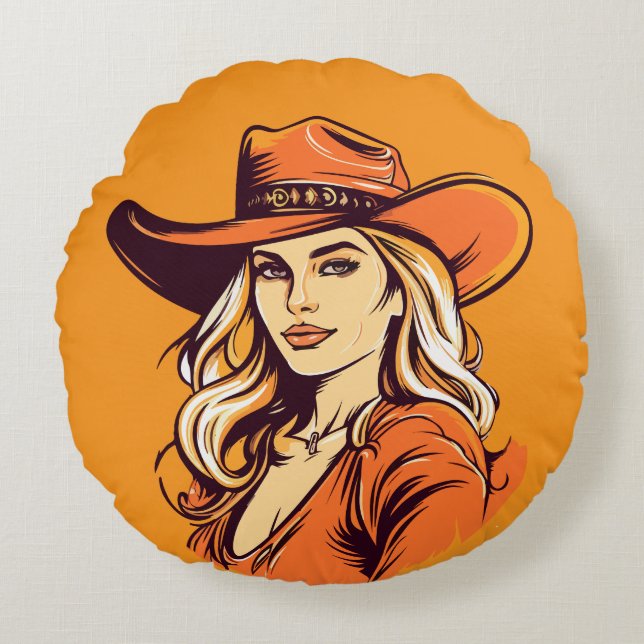 Cowgirl Hat Woman Illustration Rund Kudde (Framsidan)