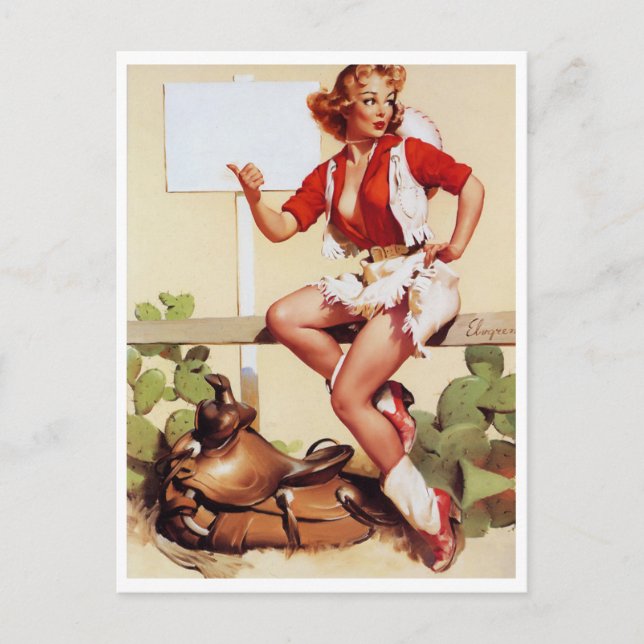 Cowgirl Hitch a Ride Pin Up Vykort (Framsida)