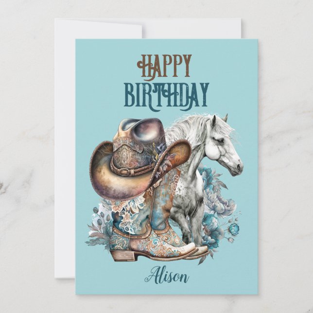 Cowgirl horse blommigt western Blue Birthday (Framsida)