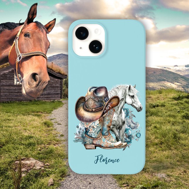 Cowgirl horse cowboystövlar som blommigt western (Horsegirl, horse lover personalized turquoise western style cowboy boots cowboy hat phone case.)