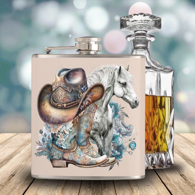 Cowgirl horse cowboystövlar som blommigt western fickplunta (Western cowgirl floral cowboy boots, hat, turquoise and brown personalized flask.)