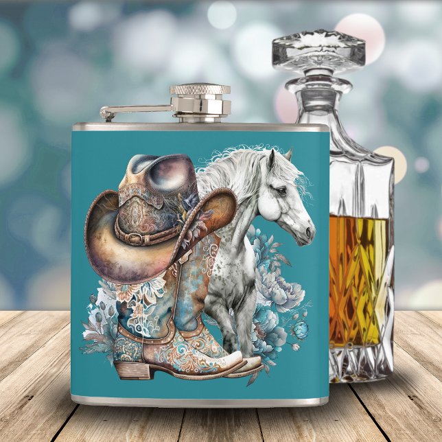 Cowgirl horse cowboystövlar som blommigt western fickplunta (Western cowgirl floral cowboy boots, hat, turquoise and brown personalized flask.)