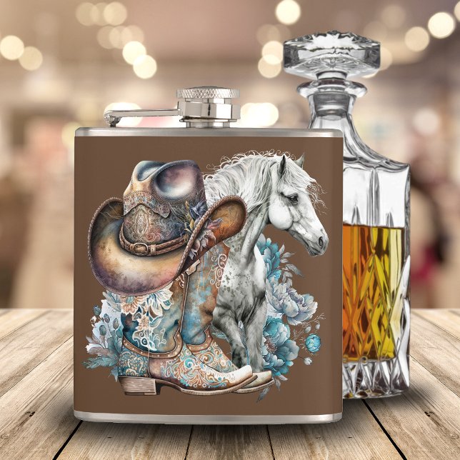 Cowgirl horse cowboystövlar som blommigt western fickplunta (Western cowgirl floral cowboy boots, hat, turquoise and brown personalized flask.)