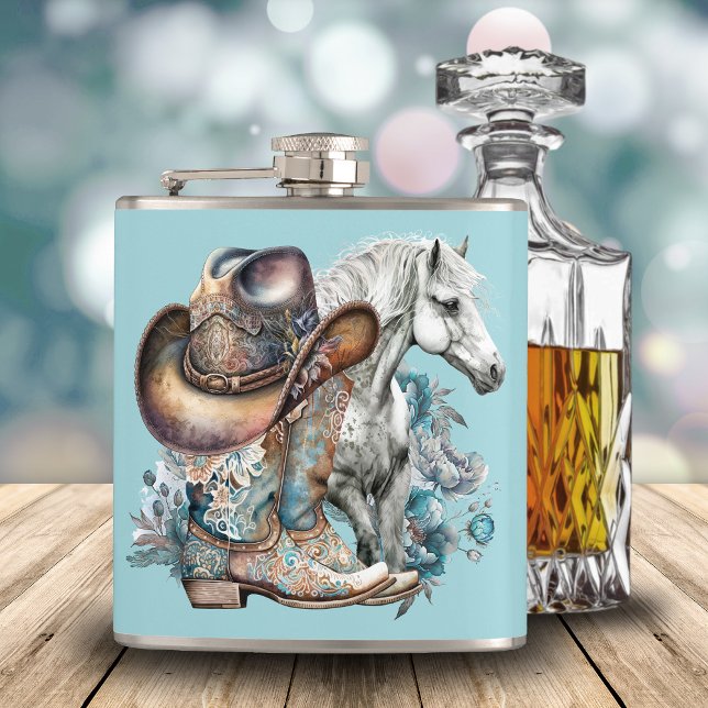 Cowgirl horse cowboystövlar som blommigt western fickplunta (Western cowgirl floral cowboy boots, hat, turquoise and brown personalized flask.)