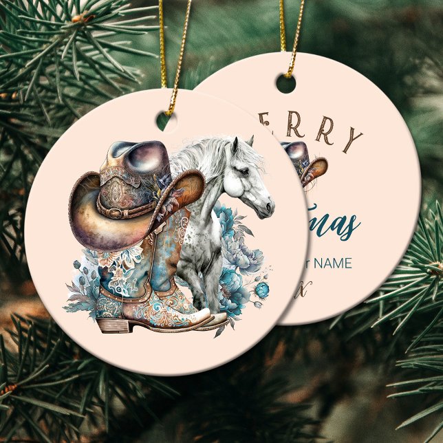 Cowgirl horse cowboystövlar som blommigt western julgransprydnad keramik (Cowgirl horse cowboy boots hat floral western ceramic ornament)