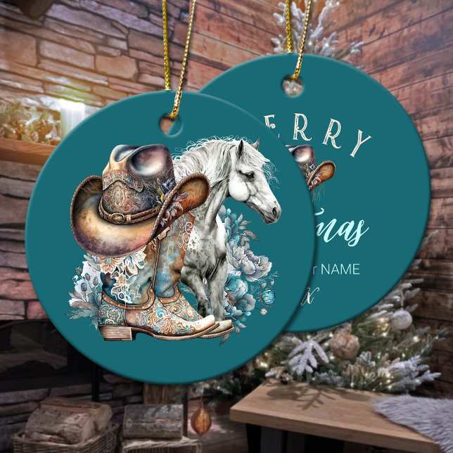 Cowgirl horse cowboystövlar som blommigt western julgransprydnad keramik (Cowgirl horse cowboy boots hat floral western ceramic ornament)
