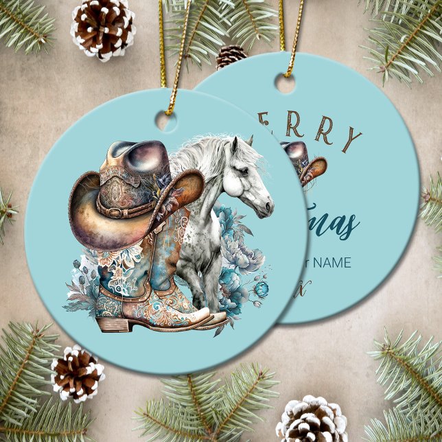 Cowgirl horse cowboystövlar som blommigt western julgransprydnad keramik (Cowgirl horse cowboy boots hat floral western ceramic ornament)