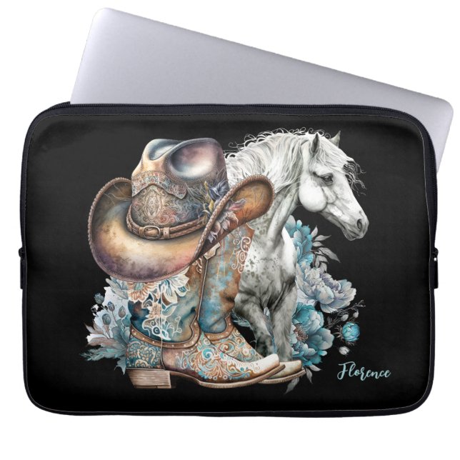 Cowgirl horse cowboystövlar som blommigt western laptop fodral (Framsidan)
