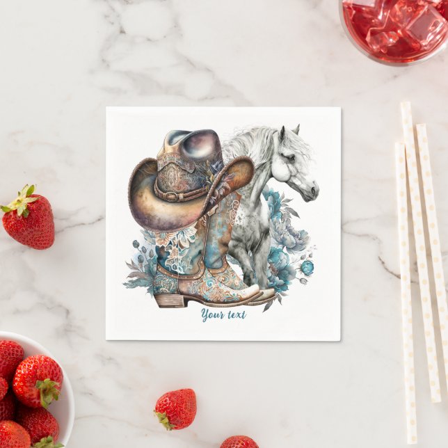 Cowgirl horse cowboystövlar som blommigt western pappersservett (Insitu)