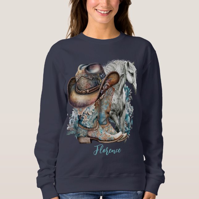Cowgirl horse cowboystövlar som blommigt western t shirt (Framsida)