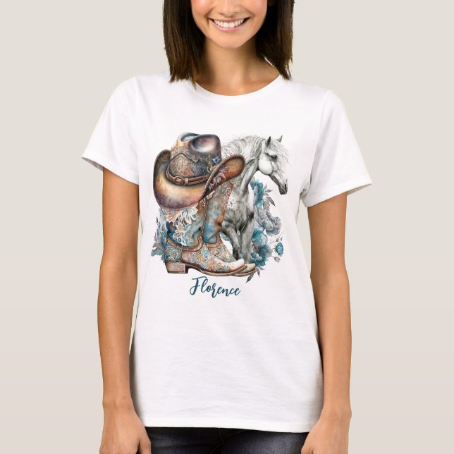 Cowgirl horse cowboystövlar som blommigt western t shirt (Framsida)