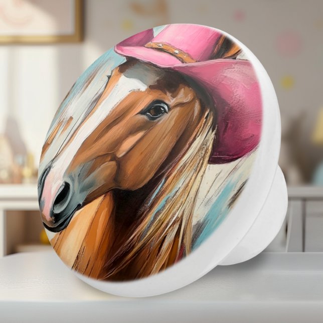 Cowgirl Horse med Rosa Hat Ceramic Knob Knopp (Ceramic Knob - Artsy Western Horse in a Pink Cowgirl Hat - Accent for Girls Room)