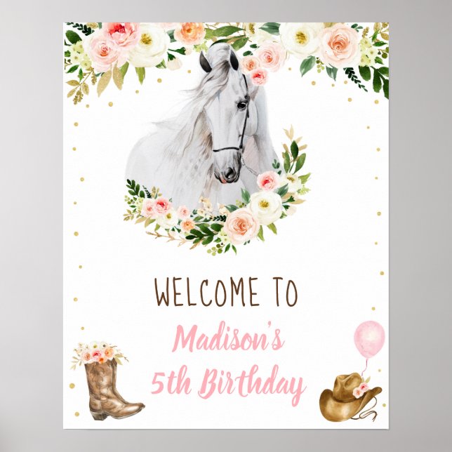 Cowgirl Horse Pony Blommigt Birthday Välkommen Poster (Framsidan)
