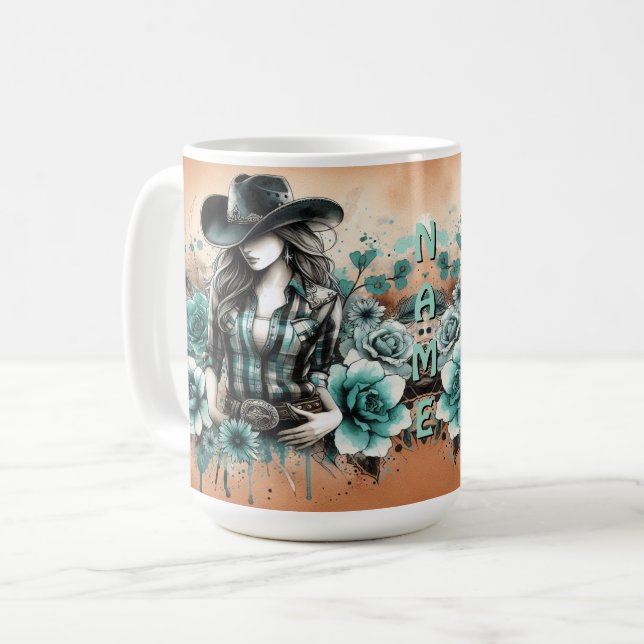 Cowgirl Illustration and Blommigt Background Art Kaffemugg (Framsida vänster)