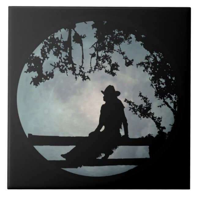 Cowgirl in Full Moon Art Tile Kakelplatta (Framsidan)