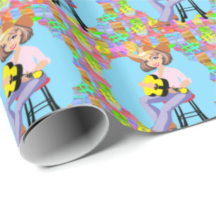 Cowgirl Land Western Singer med Gult Guitar Presentpapper